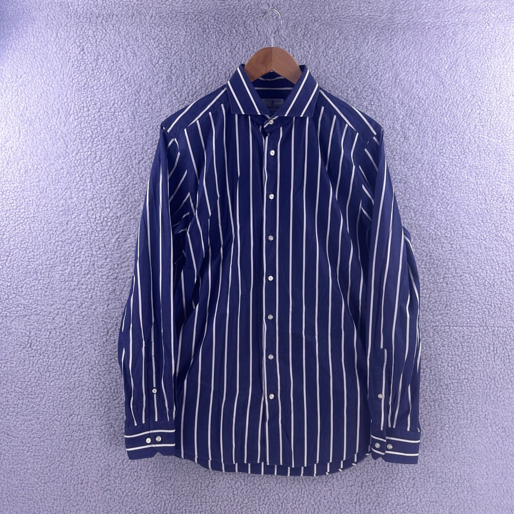 Emanuel Berg Modern Fit Navy White Striped Button Down Dress Shirt Mens Large